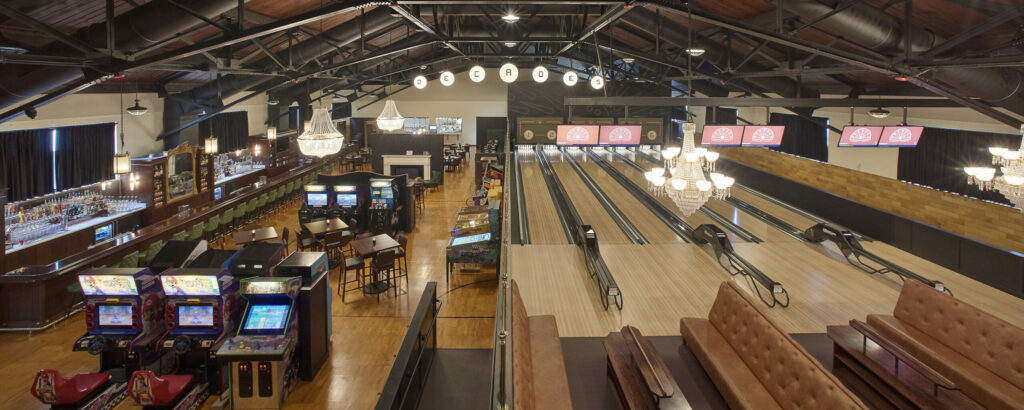 Top interior view of Decades, a modern event venue.