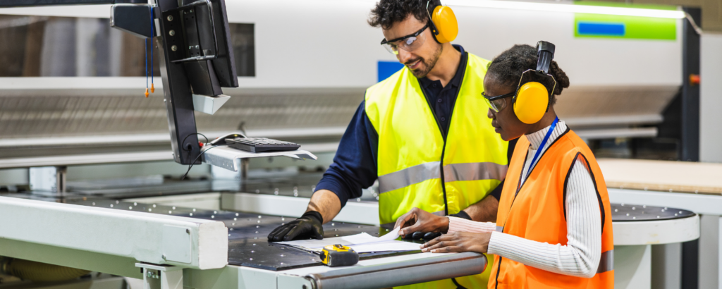 two people looking at a document with ear protection on